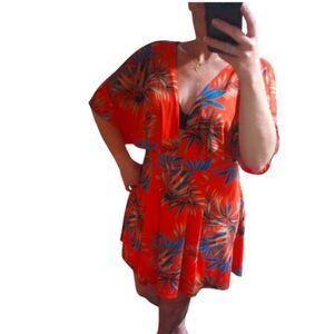 Tropical Print Mini Dress Deep V Cut Front And Back Belted Pleated Front